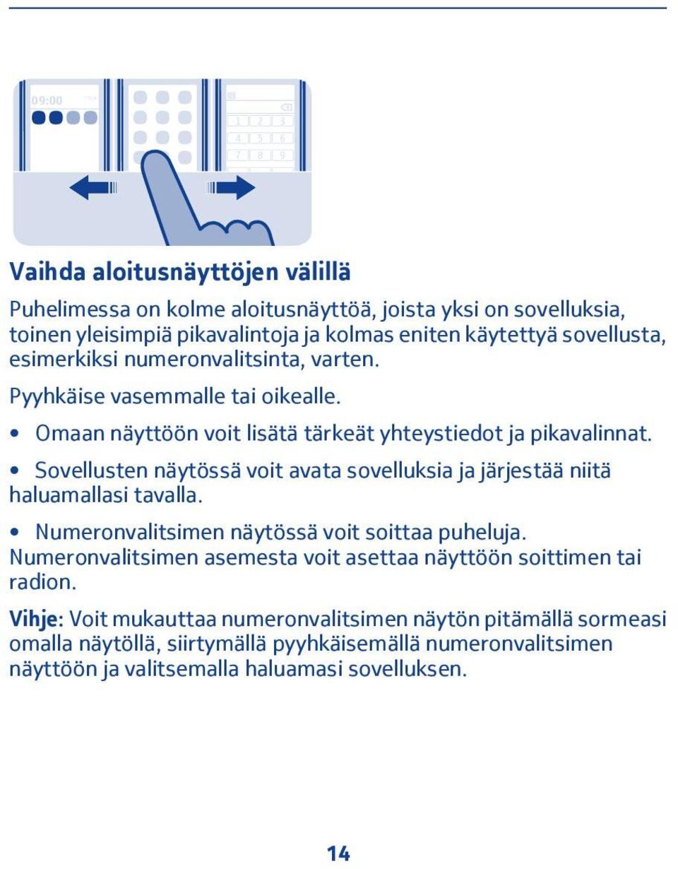 Sovellusten näytössä voit avata sovelluksia ja järjestää niitä haluamallasi tavalla. Numeronvalitsimen näytössä voit soittaa puheluja.