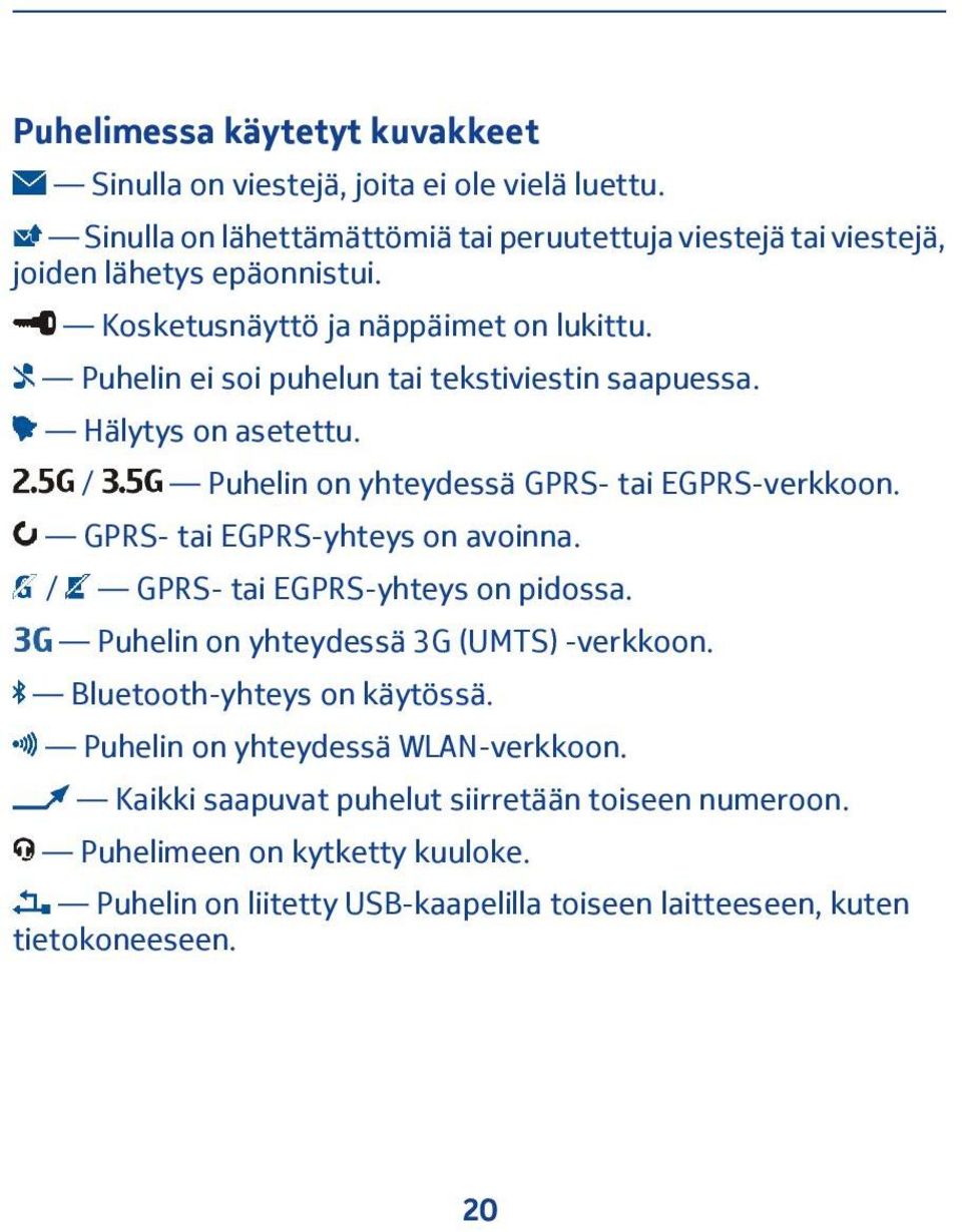 Puhelin ei soi puhelun tai tekstiviestin saapuessa. Hälytys on asetettu. / Puhelin on yhteydessä GPRS- tai EGPRS-verkkoon. GPRS- tai EGPRS-yhteys on avoinna.