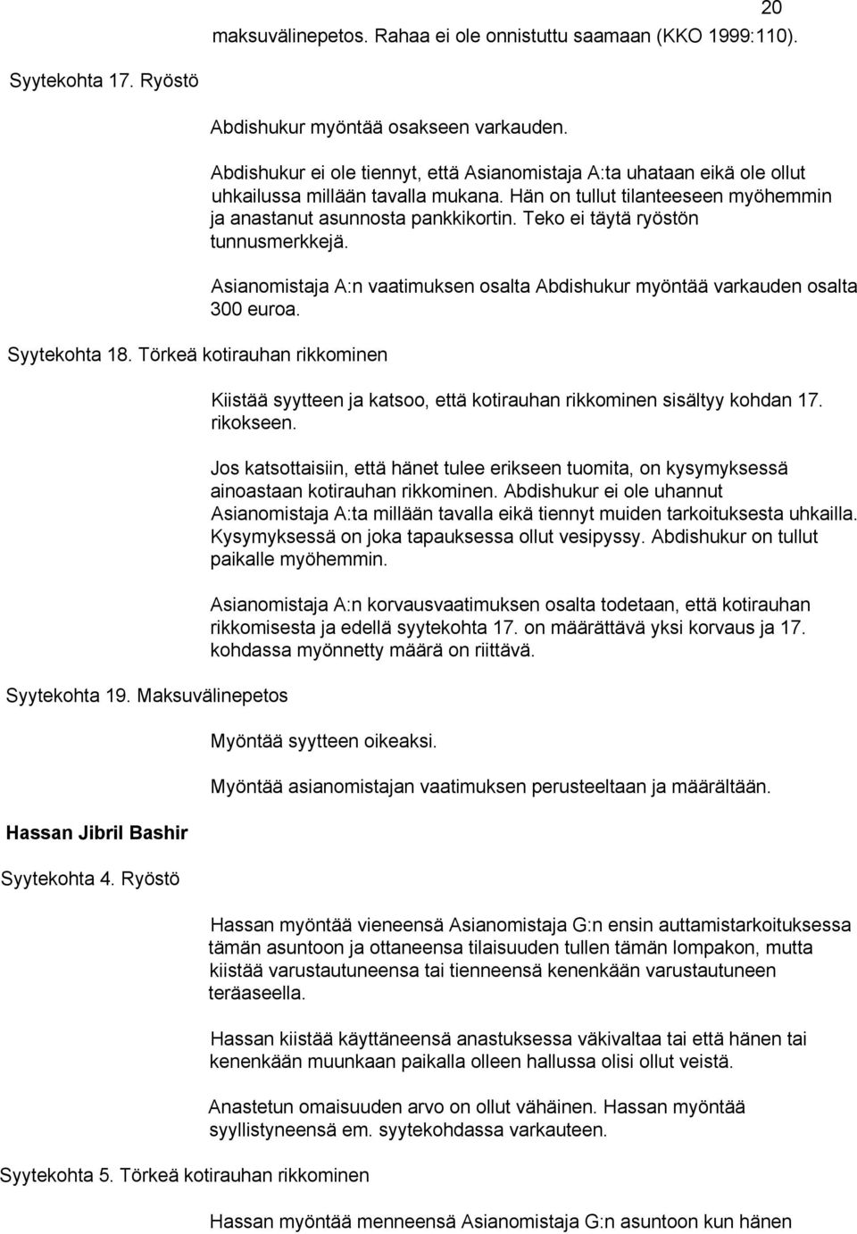 Abdishukur ei ole tiennyt, että Asianomistaja A:ta uhataan eikä ole ollut uhkailussa millään tavalla mukana. Hän on tullut tilanteeseen myöhemmin ja anastanut asunnosta pankkikortin.