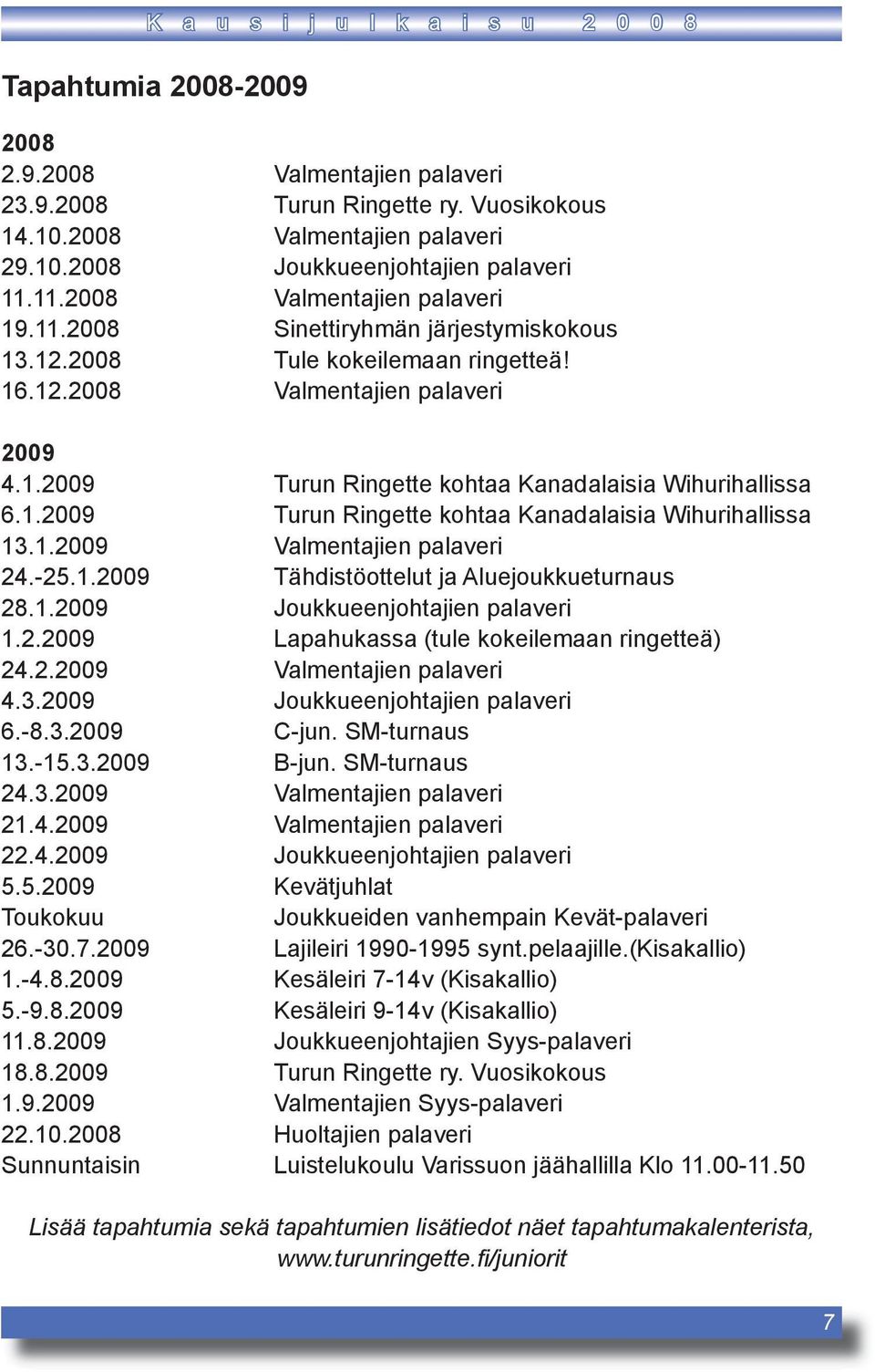 1.2009 Turun Ringette kohtaa Kanadalaisia Wihurihallissa 13.1.2009 Valmentajien palaveri 24.-25.1.2009 Tähdistöottelut ja Aluejoukkueturnaus 28.1.2009 Joukkueenjohtajien palaveri 1.2.2009 Lapahukassa (tule kokeilemaan ringetteä) 24.