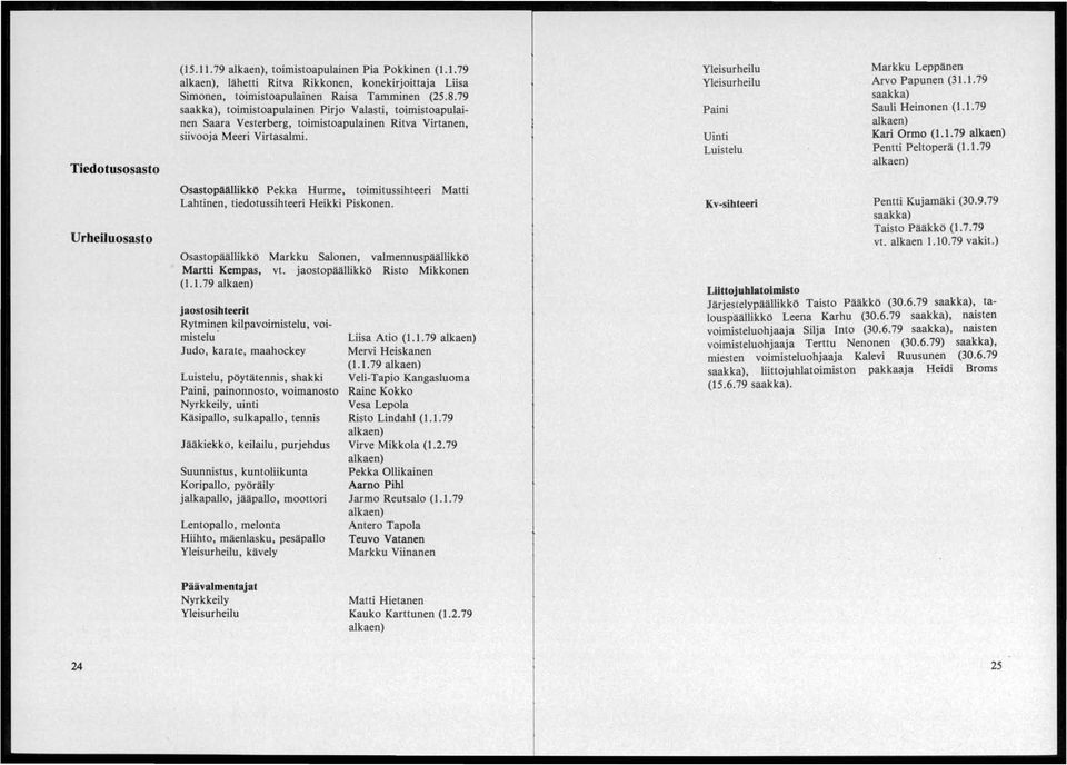 Osastopäällikkö Pekka Hurme, toimitussihteeri Matti Lahtinen, tiedotussihteeri Heikki Piskonen. Osastopäällikkö Markku Salonen, valmennuspäällikkö Martti Kempas, vt. jaostopäällikkö Risto Mikkonen (1.