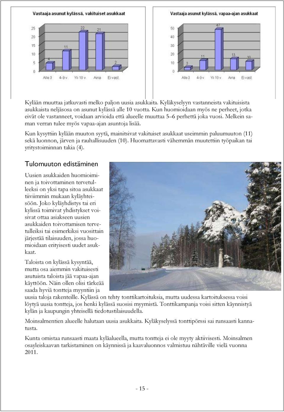 Kun kysyttiin kylään muuton syytä, mainitsivat vakituiset asukkaat useimmin paluumuuton (11) sekä luonnon, järven ja rauhallisuuden (10).