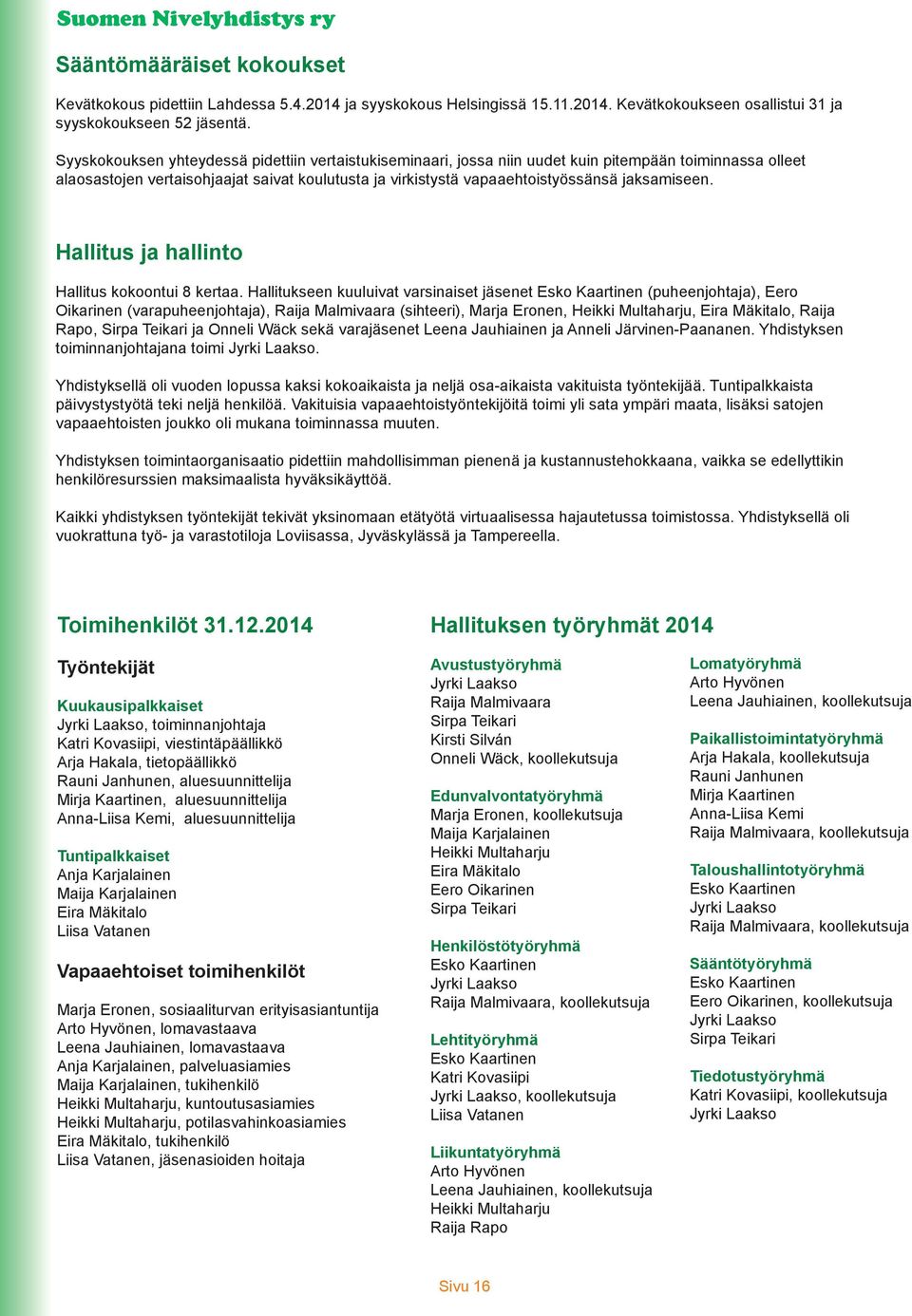 jaksamiseen. Hallitus ja hallinto Hallitus kokoontui 8 kertaa.