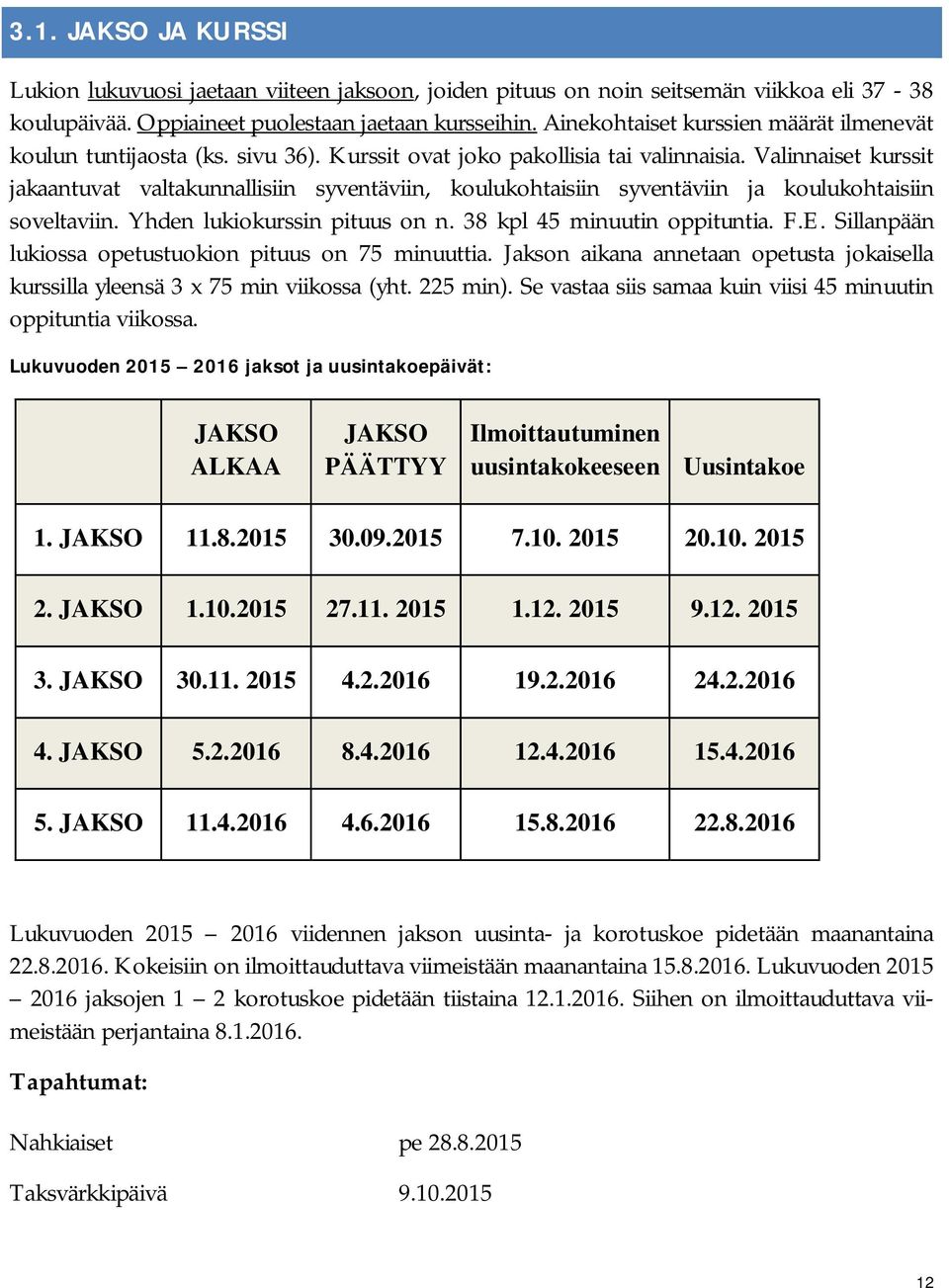 Valinnaiset kurssit jakaantuvat valtakunnallisiin syventäviin, koulukohtaisiin syventäviin ja koulukohtaisiin soveltaviin. Yhden lukiokurssin pituus on n. 38 kpl 45 minuutin oppituntia. F.E.