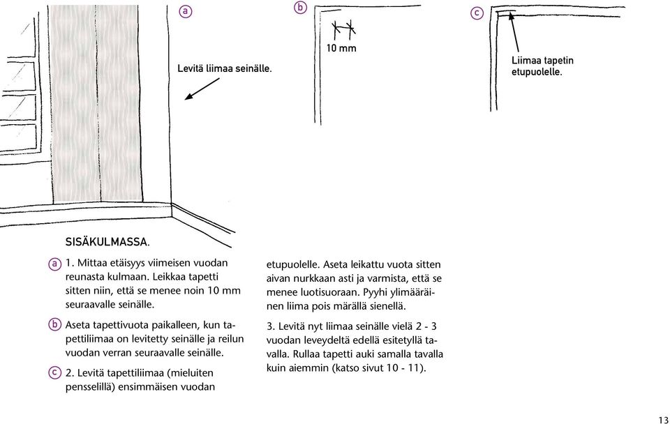 Aseta tapettivuota paikalleen, kun tapettiliimaa on levitetty seinälle ja reilun vuodan verran seuraavalle seinälle. 2.