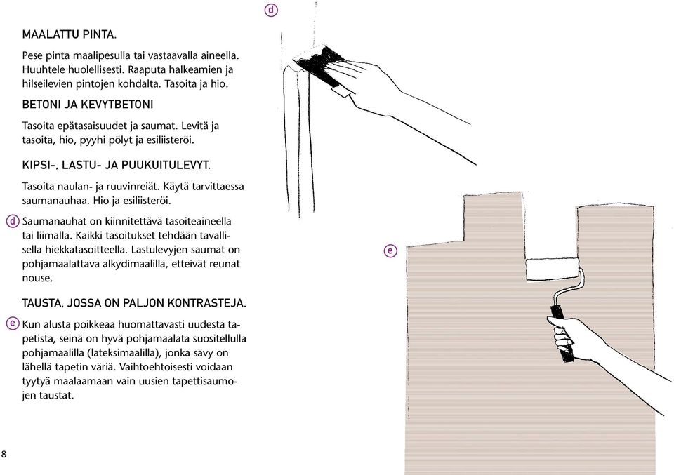 Käytä tarvittaessa saumanauhaa. Hio ja esiliisteröi. d Saumanauhat on kiinnitettävä tasoiteaineella tai liimalla. Kaikki tasoitukset tehdään tavallisella hiekkatasoitteella.