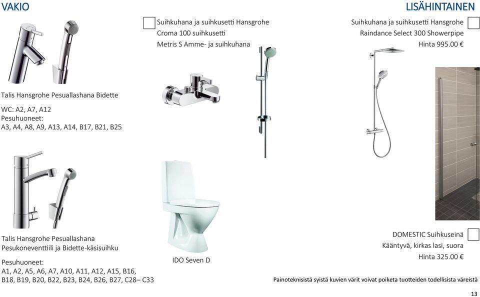 00 Talis Hansgrohe Pesuallashana Bidette WC: A2, A7, A12 Pesuhuoneet: A3, A4, A8, A9, A13, A14, B17, B21, B25 Talis Hansgrohe