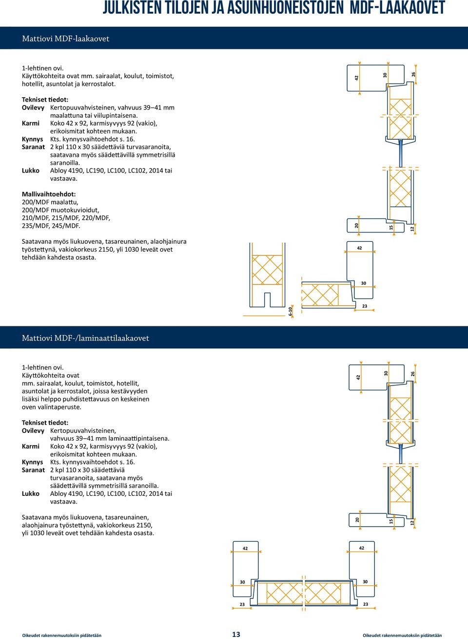 Saranat 2 kpl 1 x säädettäviä turvasaranoita, saatavana myös säädettävillä symmetrisillä saranoilla. Lukko Abloy 4190, LC190, LC0, LC2, 14 tai vastaava.