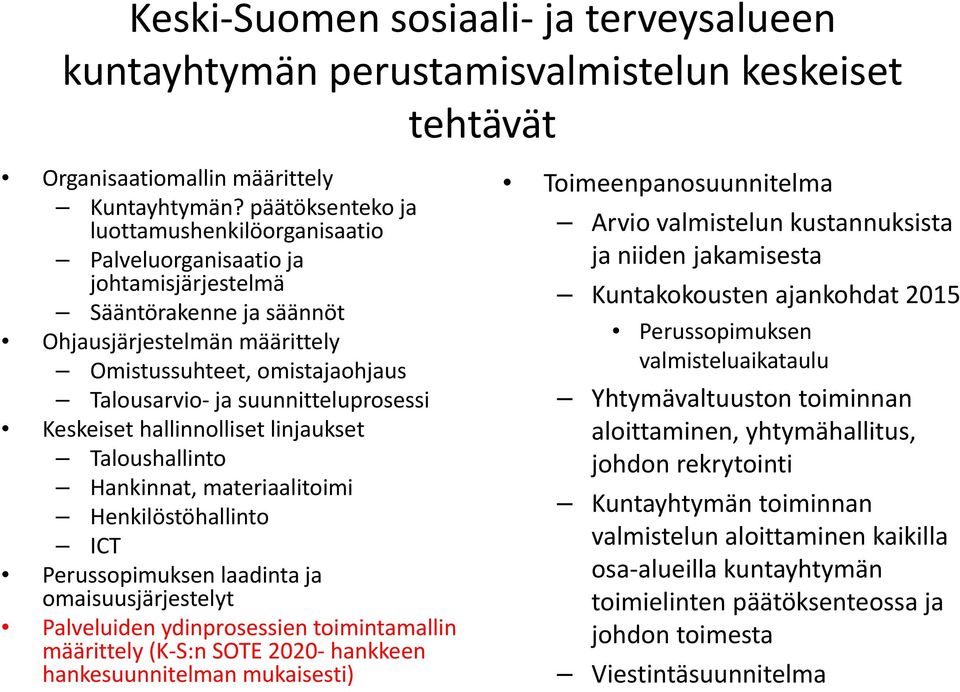 suunnitteluprosessi Keskeiset hallinnolliset linjaukset Taloushallinto Hankinnat, materiaalitoimi Henkilöstöhallinto ICT Perussopimuksen laadinta ja omaisuusjärjestelyt Palveluiden ydinprosessien