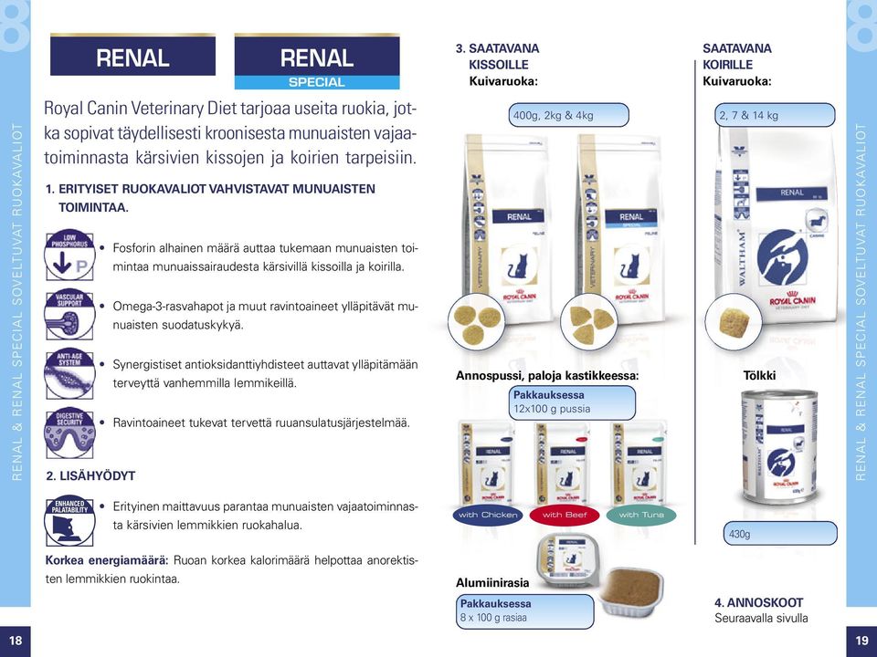 vajaatoiminnasta kärsivien kissojen ja koirien tarpeisiin. 1. ERITYISET RUOKAVALIOT VAHVISTAVAT MUNUAISTEN TOIMINTAA. 2.