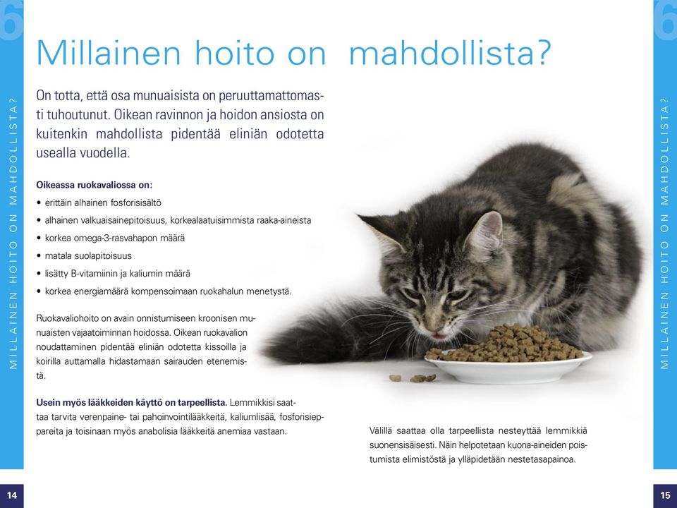 Oikeassa ruokavaliossa on : erittäin alhainen fosforisisältö alhainen valkuaisainepitoisuus, korkealaatuisimmista raaka-aineista korkea omega-3-rasvahapon määrä matala suolapitoisuus lisätty