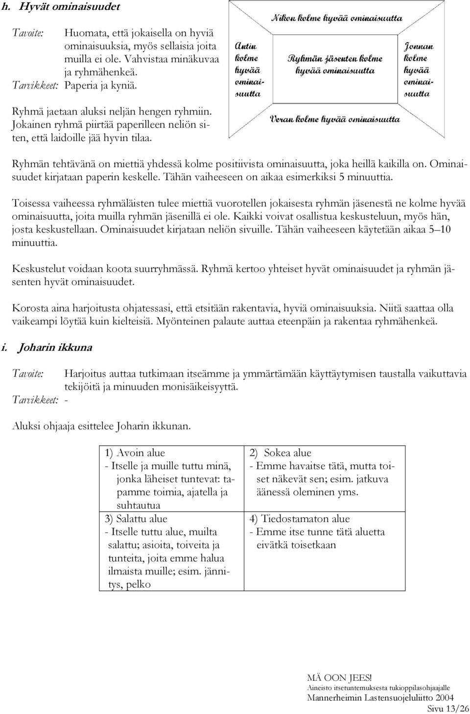 Ryhmän tehtävänä on miettiä yhdessä kolme positiivista ominaisuutta, joka heillä kaikilla on. Ominaisuudet kirjataan paperin keskelle. Tähän vaiheeseen on aikaa esimerkiksi 5 minuuttia.