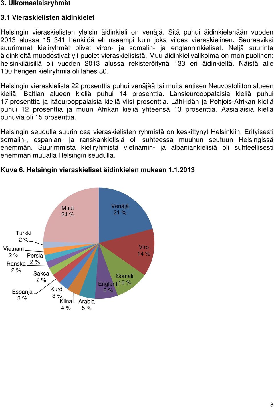 Neljä suurinta äidinkieltä muodostivat yli puolet vieraskielisistä. Muu äidinkielivalikoima on monipuolinen: helsinkiläisillä oli vuoden 2013 alussa rekisteröitynä 133 eri äidinkieltä.