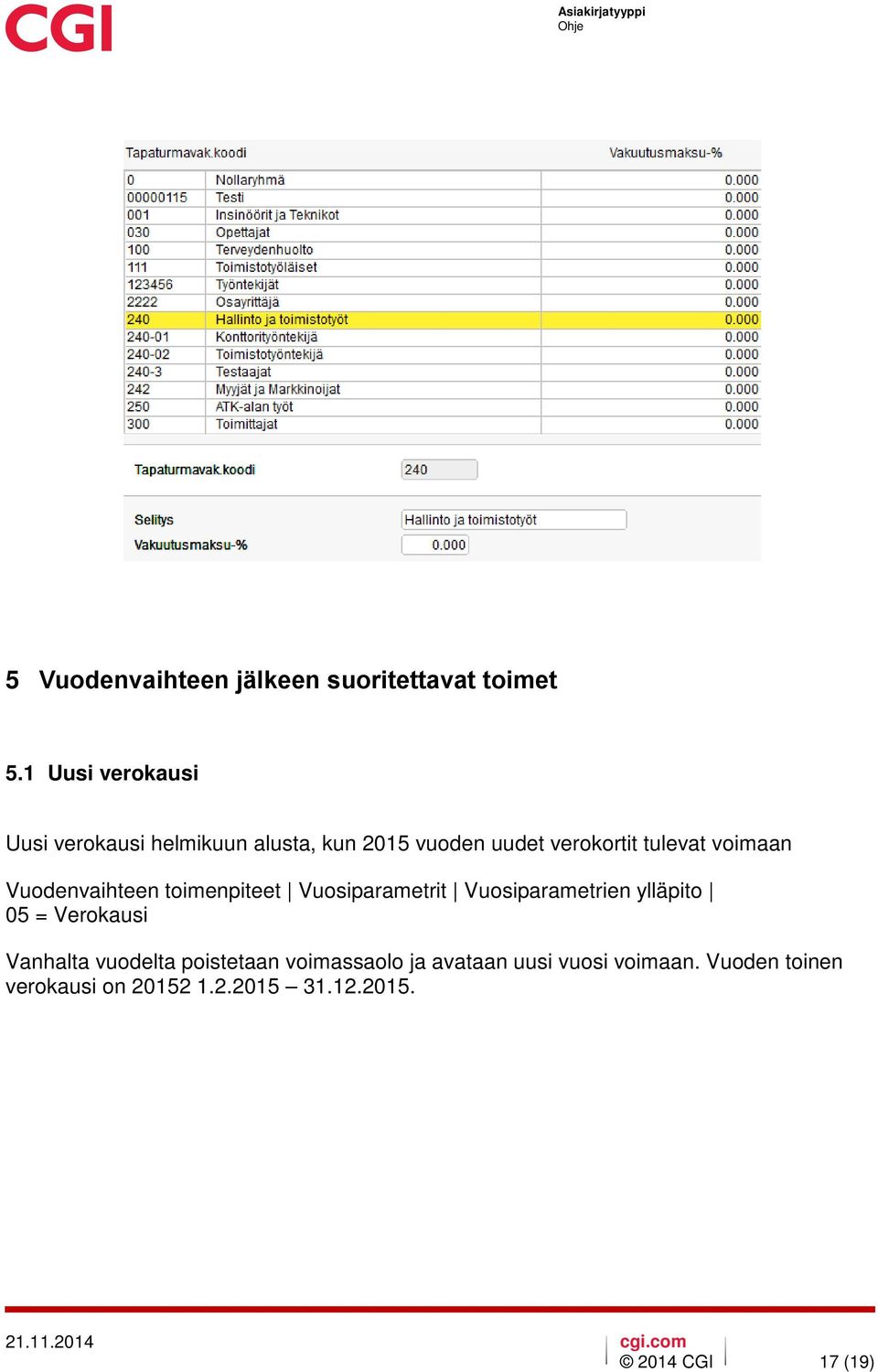 voimaan Vuodenvaihteen toimenpiteet Vuosiparametrit Vuosiparametrien ylläpito 05 = Verokausi