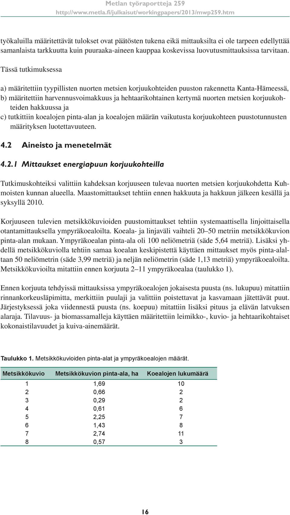 korjuukohteiden hakkuussa ja c) tutkittiin koealojen pinta-alan ja koealojen määrän vaikutusta korjuukohteen puustotunnusten määrityksen luotettavuuteen. 4.2 