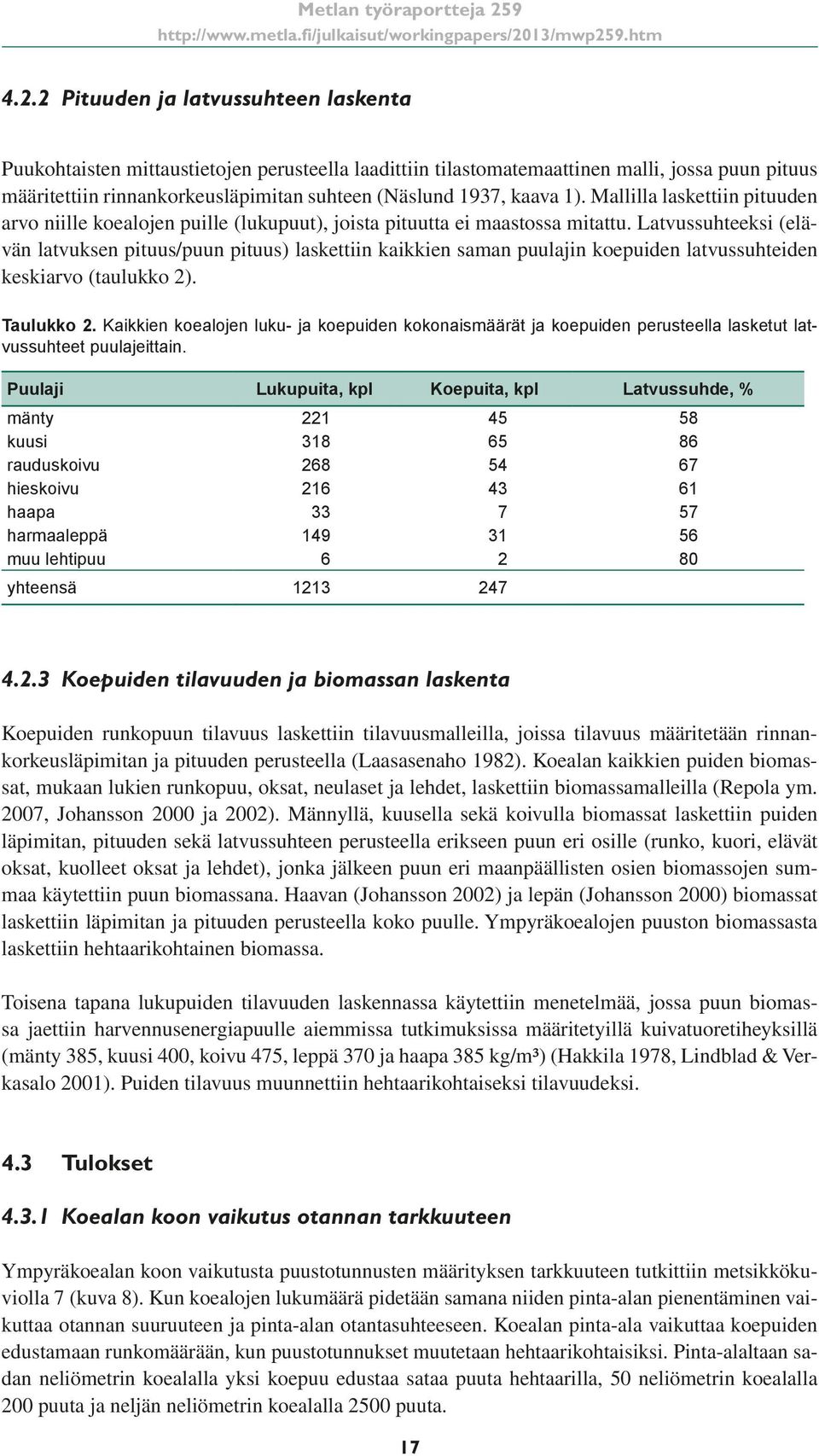 Latvussuhteeksi (elävän latvuksen pituus/puun pituus) laskettiin kaikkien saman puulajin koepuiden latvussuhteiden keskiarvo (taulukko 2). Taulukko 2.