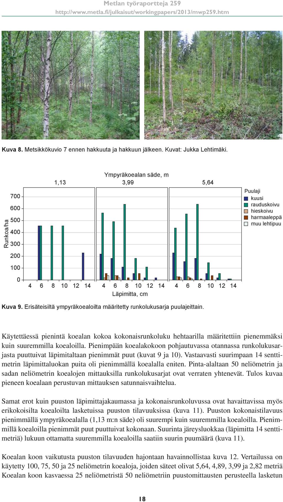 Kuva 9. Erisäteisiltä ympyräkoealoilta määritetty runkolukusarja puulajeittain. Käytettäessä pienintä koealan kokoa kokonaisrunkoluku hehtaarilla määritettiin pienemmäksi kuin suuremmilla koealoilla.