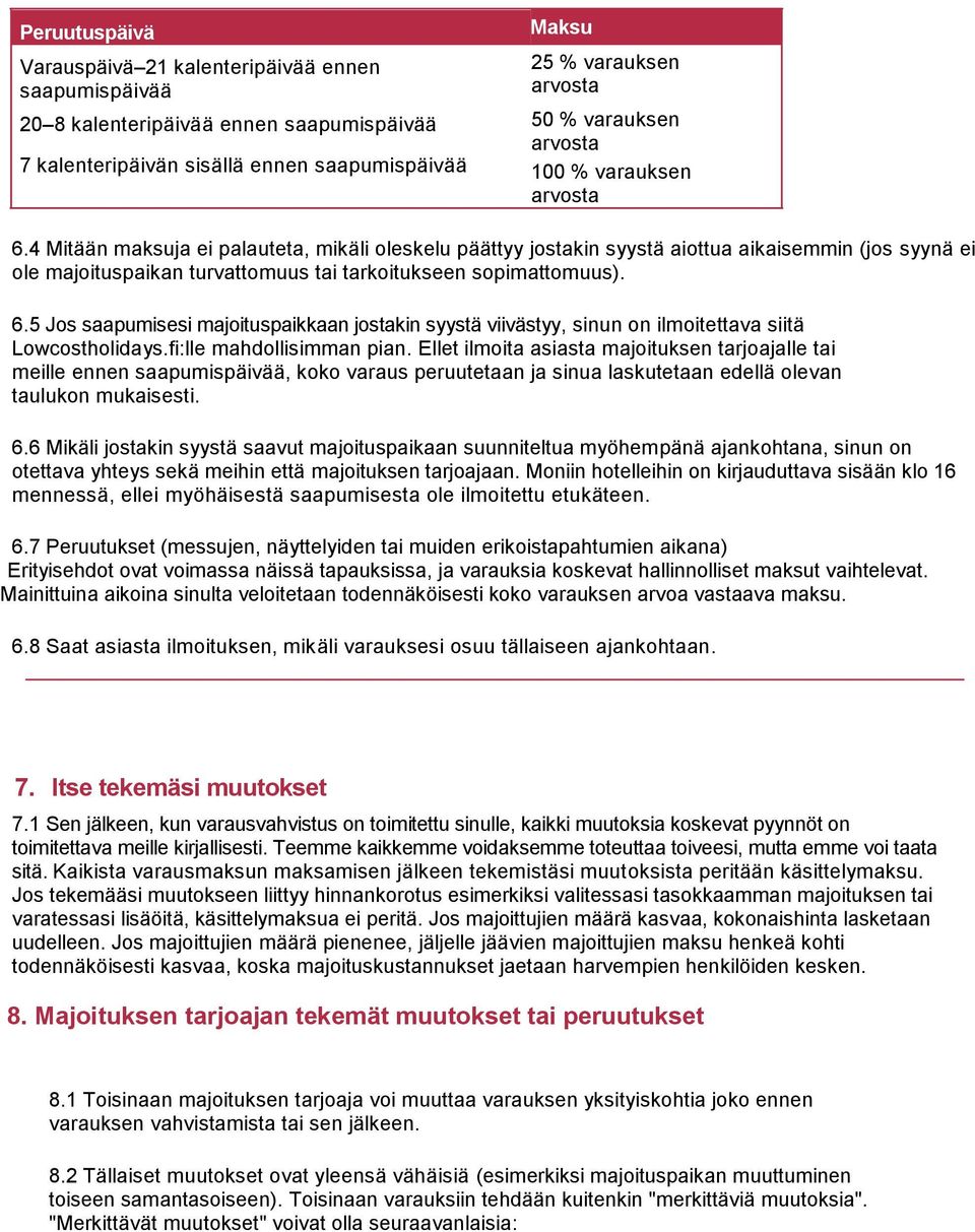 4 Mitään maksuja ei palauteta, mikäli oleskelu päättyy jostakin syystä aiottua aikaisemmin (jos syynä ei ole majoituspaikan turvattomuus tai tarkoitukseen sopimattomuus). 6.