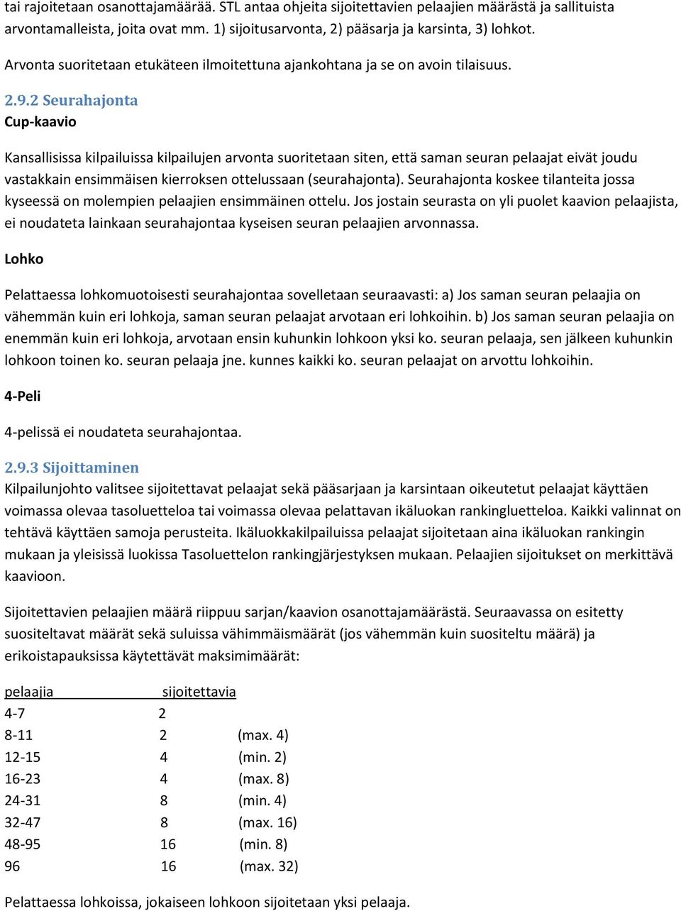 2 Seurahajonta Cup-kaavio Kansallisissa kilpailuissa kilpailujen arvonta suoritetaan siten, että saman seuran pelaajat eivät joudu vastakkain ensimmäisen kierroksen ottelussaan (seurahajonta).