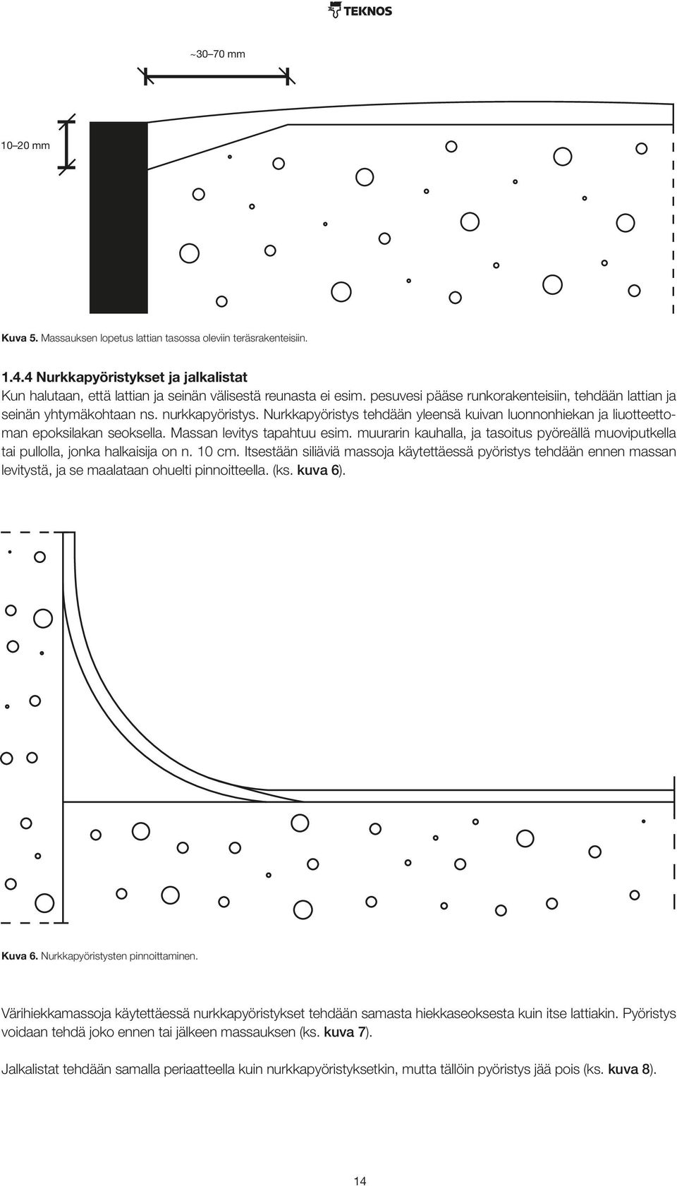 Massan levitys tapahtuu esim. muurarin kauhalla, ja tasoitus pyöreällä muoviputkella tai pullolla, jonka halkaisija on n. 10 cm.