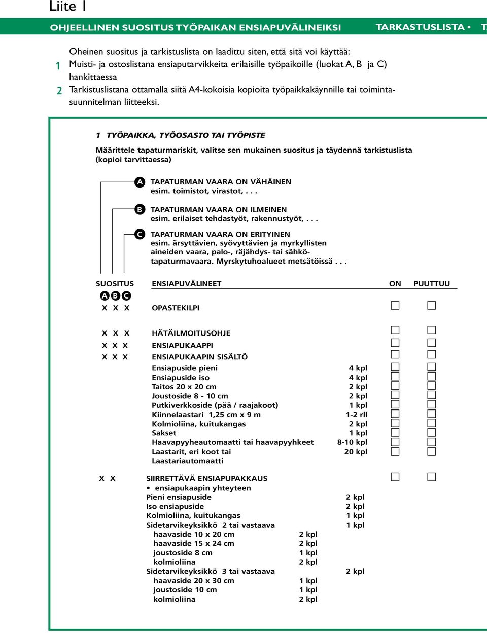 1 TYÖPAIKKA, TYÖOSASTO TAI TYÖPISTE Määrittele tapaturmariskit, valitse sen mukainen suositus ja täydennä tarkistuslista (kopioi tarvittaessa) A TAPATURMAN VAARA ON VÄHÄINEN esim.