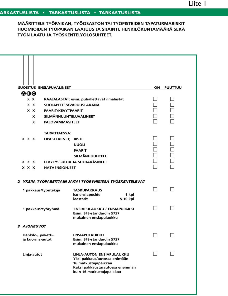 puhallettavat ilmalastat X X SUOJAPEITE/AVARUUSLAKANA X X PAARIT/KEVYTPAARIT X SILMÄNHUUHTELUVÄLINEET X PALOVAMMASITEET X X X X X X X X X TARVITTAESSA: OPASTEKILVET; RISTI NUOLI PAARIT SILMÄNHUUHTELU