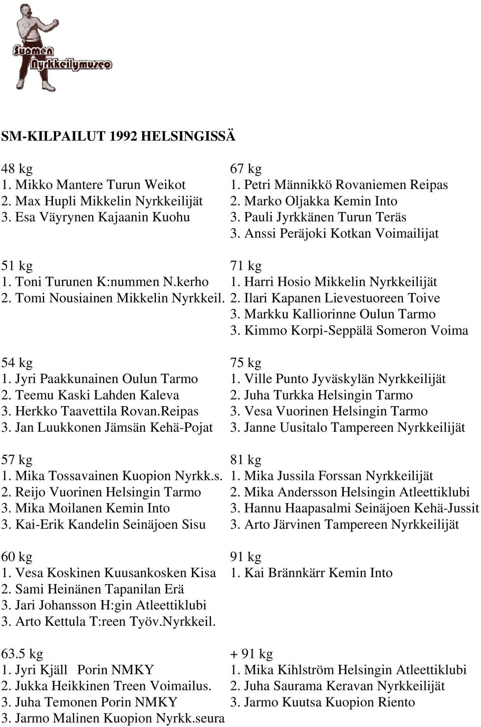 Markku Kalliorinne Oulun Tarmo 3. Kimmo Korpi-Seppälä Someron Voima 1. Jyri Paakkunainen Oulun Tarmo 1. Ville Punto Jyväskylän Nyrkkeilijät 2. Teemu Kaski Lahden Kaleva 2.