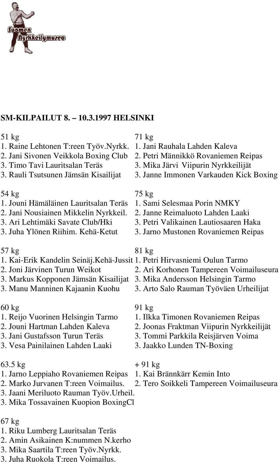 Sami Selesmaa Porin NMKY 2. Jani Nousiainen Mikkelin Nyrkkeil. 2. Janne Reimaluoto Lahden Laaki 3. Ari Lehtimäki Savate Club/Hki 3. Petri Valikainen Lautiosaaren Haka 3. Juha Ylönen Riihim.