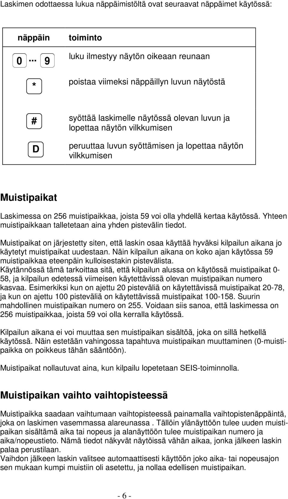 lopettaa näytön vilkkumisen Muistipaikat Laskimessa on 256 muistipaikkaa, joista 59 voi olla yhdellä kertaa käytössä. Yhteen muistipaikkaan talletetaan aina yhden pistevälin tiedot.