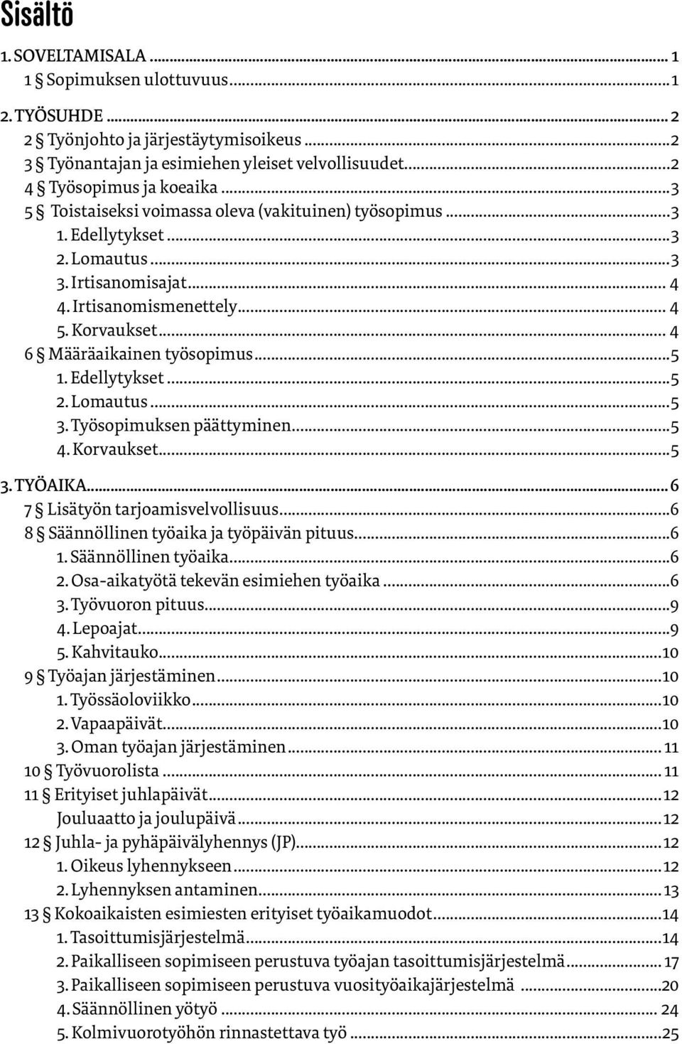 ..5 1. Edellytykset...5 2. Lomautus...5 3. Työsopimuksen päättyminen...5 4. Korvaukset...5 3. TYÖAIKA... 6 7 Lisätyön tarjoamisvelvollisuus...6 8 Säännöllinen työaika ja työpäivän pituus...6 1.