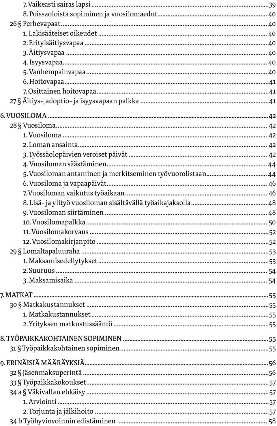 Loman ansainta... 42 3. Työssäolopäivien veroiset päivät... 42 4. Vuosiloman säästäminen... 44 5. Vuosiloman antaminen ja merkitseminen työvuorolistaan... 44 6. Vuosiloma ja vapaapäivät... 46 7.