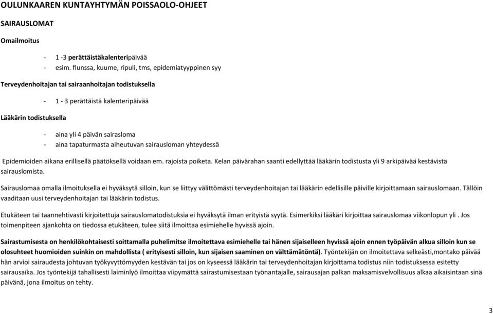 tapaturmasta aiheutuvan sairausloman yhteydessä Epidemioiden aikana erillisellä päätöksellä voidaan em. rajoista poiketa.