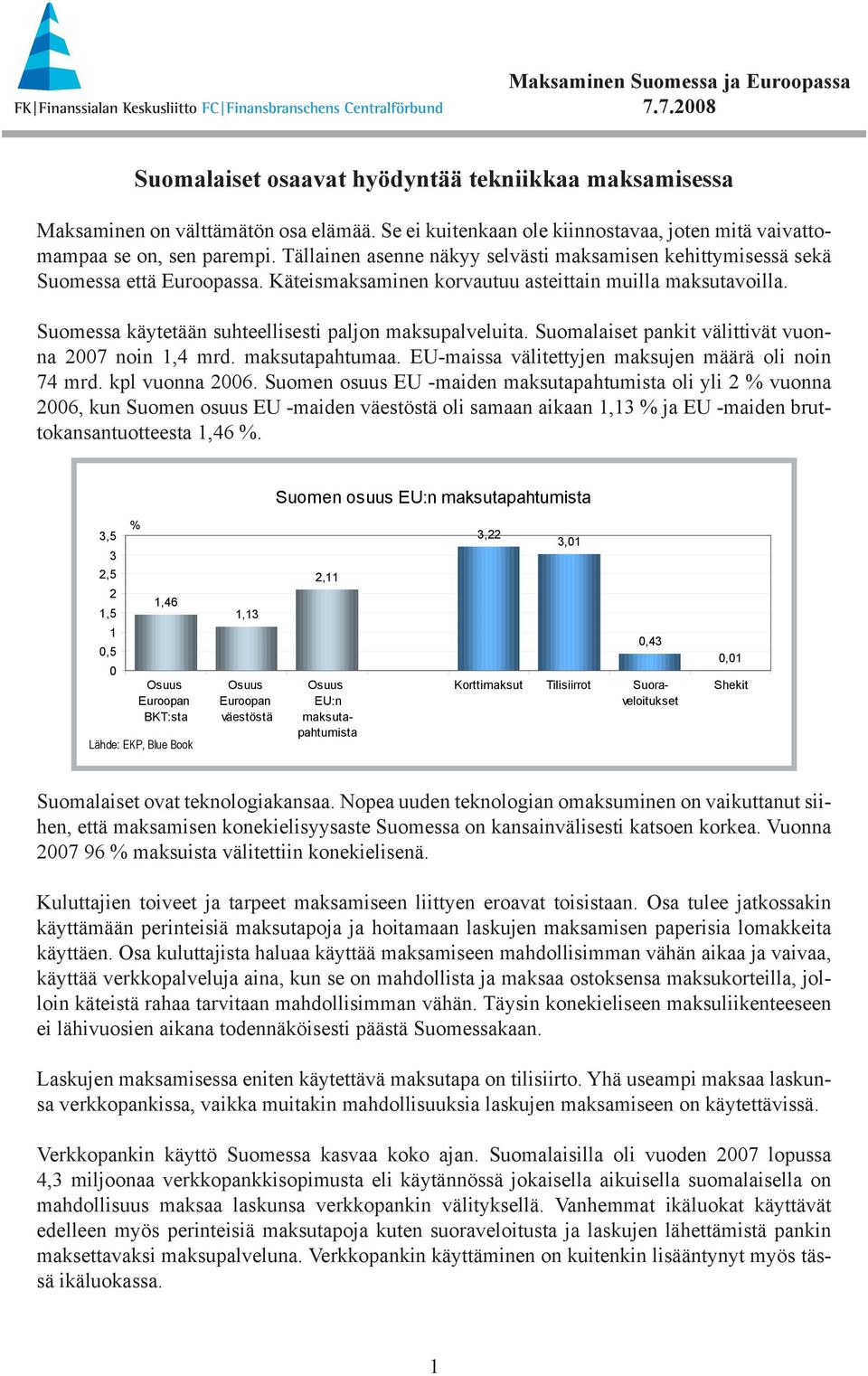 Suomessa käytetään suhteellisesti paljon maksupalveluita. Suomalaiset pankit välittivät vuonna 27 noin 1,4 mrd. maksutapahtumaa. EU-maissa välitettyjen maksujen määrä oli noin 74 mrd. kpl vuonna 26.