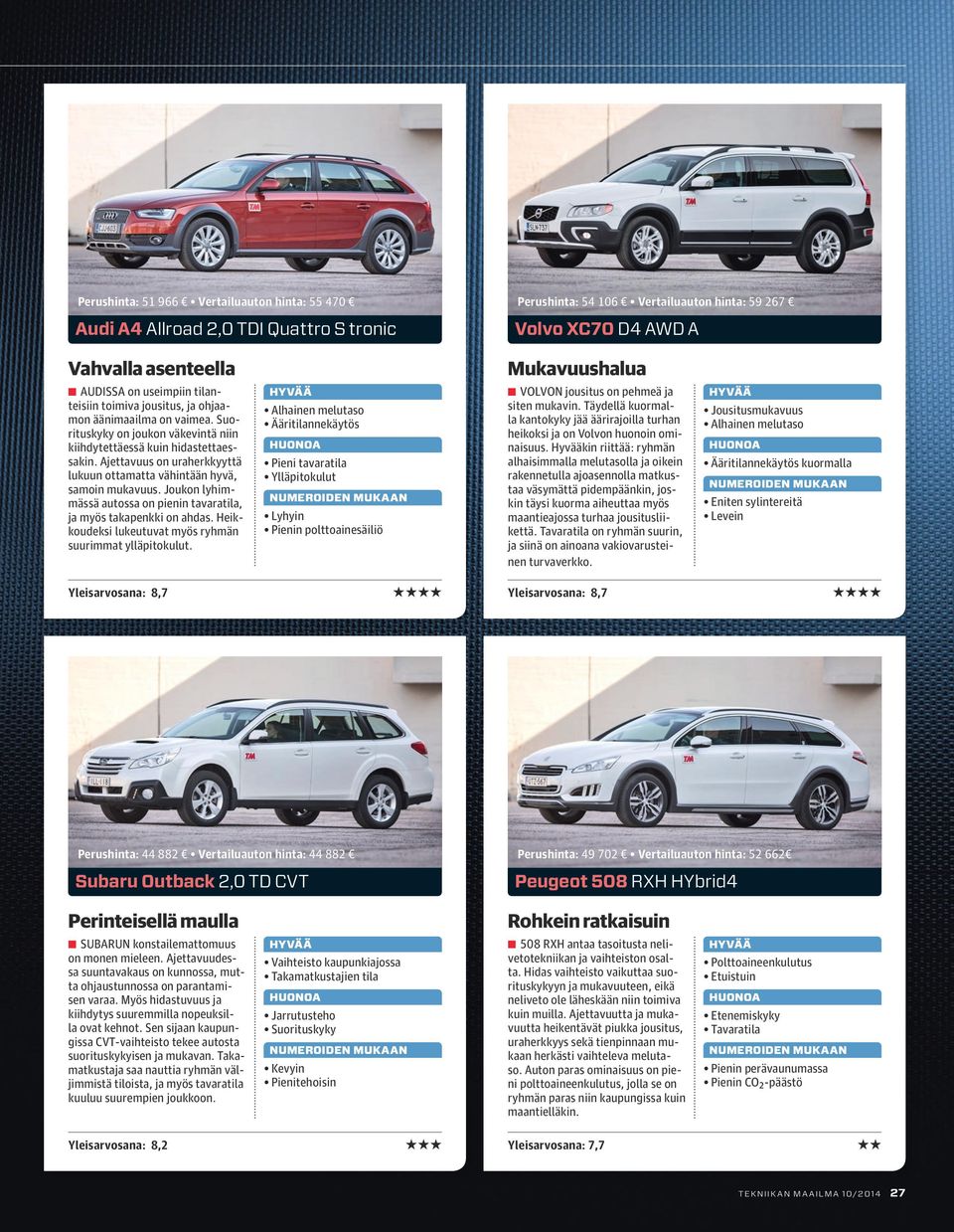 Ajettavuus on uraherkkyyttä lukuun ottamatta vähintään hyvä, samoin mukavuus. Joukon lyhimmässä autossa on pienin tavaratila, ja myös takapenkki on ahdas.