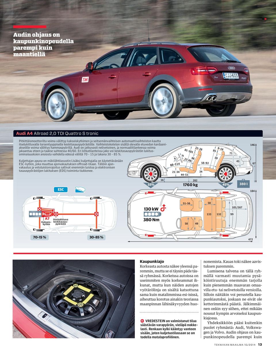 Audi on jatkuvasti nelivetoinen, ja normaalitilanteessa voima jakaantuu eteen ja taakse suhteessa 40/60.