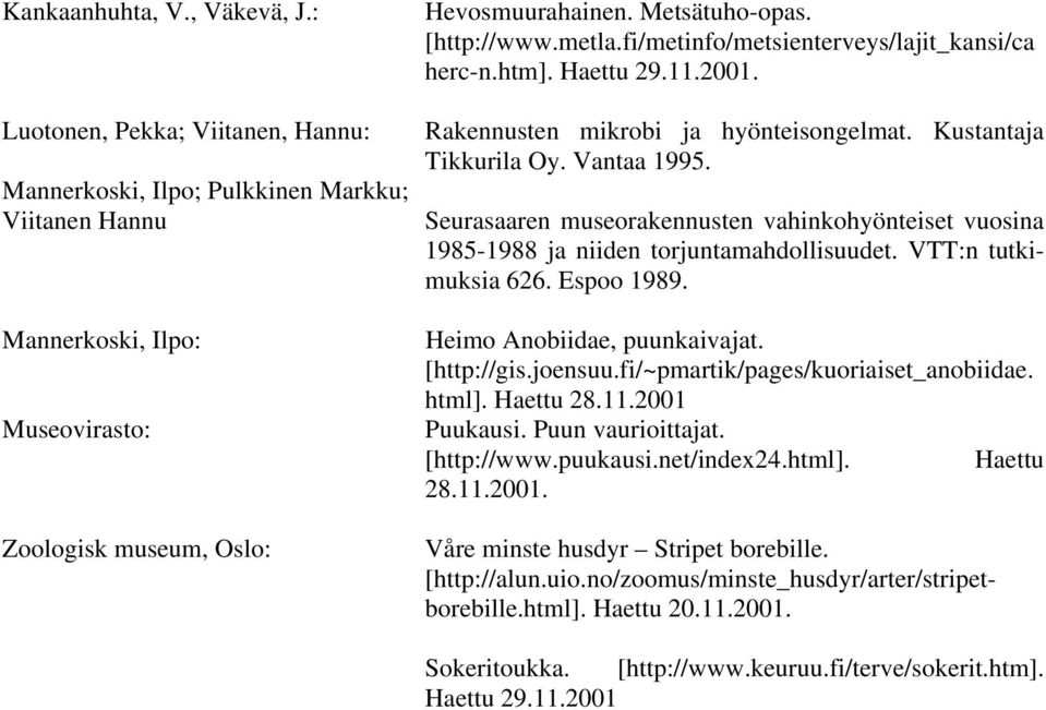 Seurasaaren museorakennusten vahinkohyönteiset vuosina 1985-1988 ja niiden torjuntamahdollisuudet. VTT:n tutkimuksia 626. Espoo 1989. Heimo Anobiidae, puunkaivajat. [http://gis.joensuu.