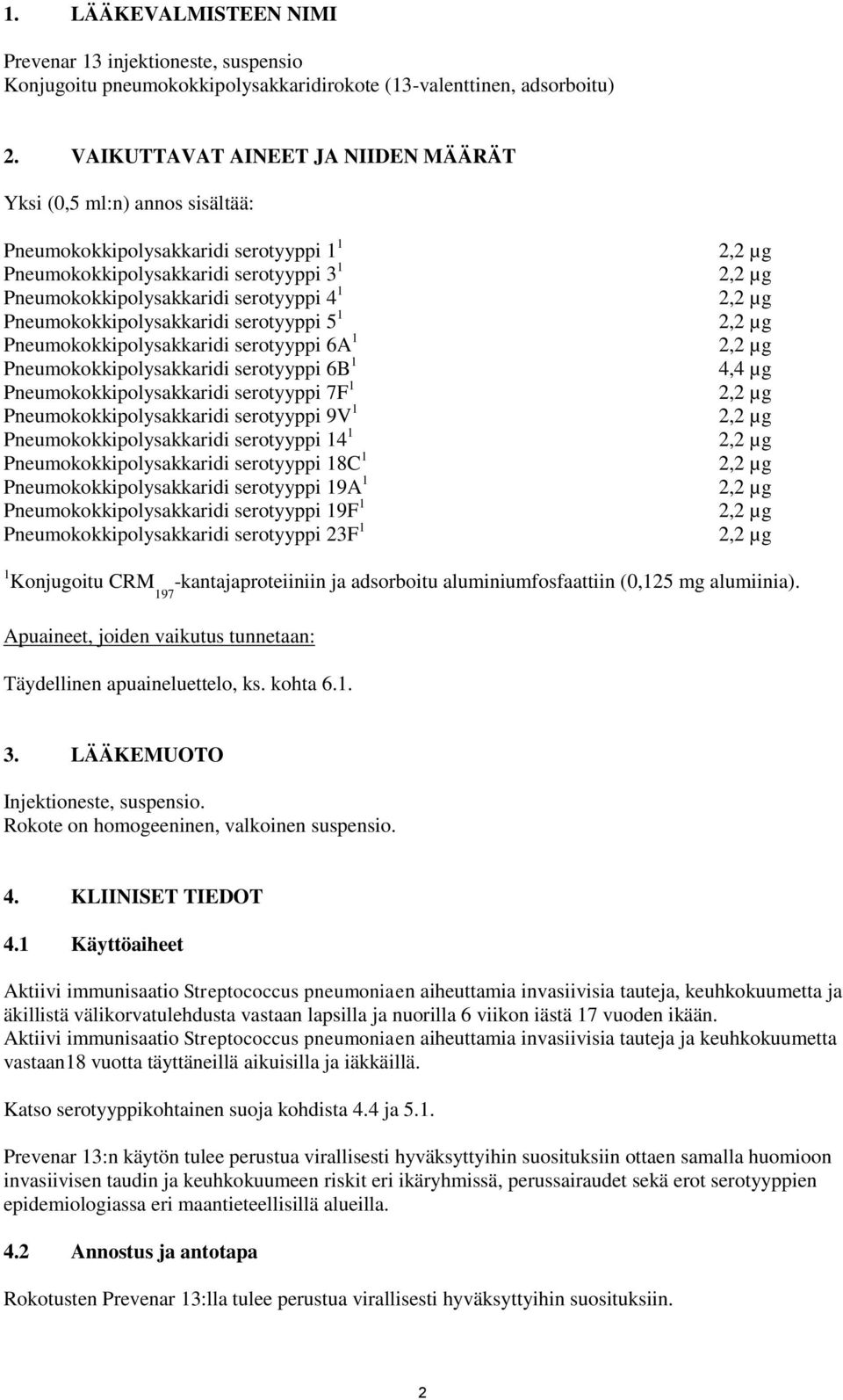 1 2,2 µg Pneumokokkipolysakkaridi serotyyppi 5 1 2,2 µg Pneumokokkipolysakkaridi serotyyppi 6A 1 2,2 µg Pneumokokkipolysakkaridi serotyyppi 6B 1 4,4 µg Pneumokokkipolysakkaridi serotyyppi 7F 1 2,2 µg