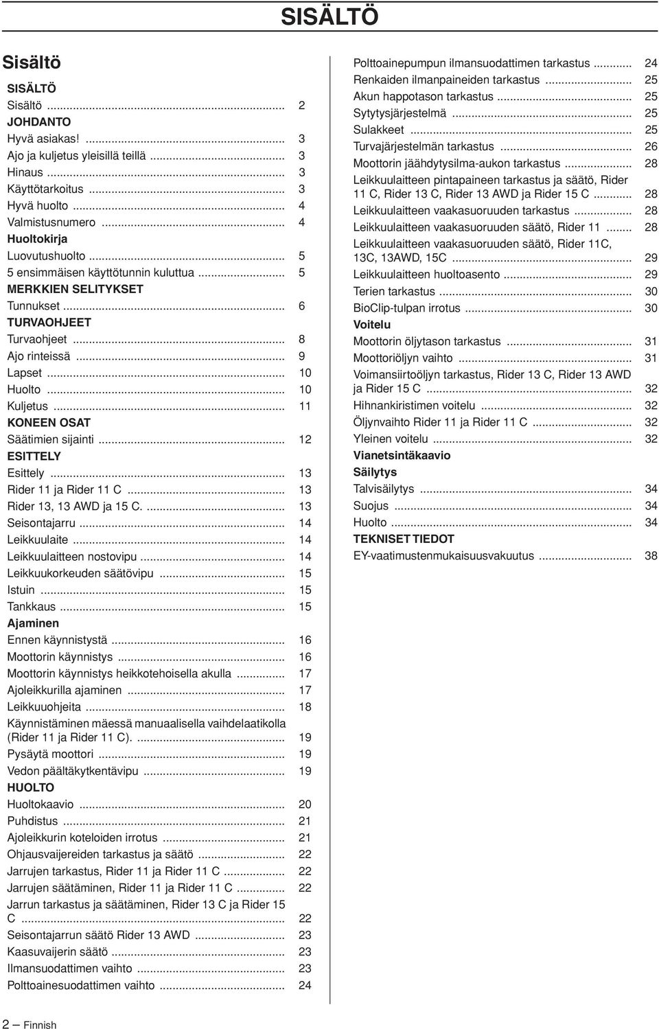 .. 12 ESITTELY Esittely... 13 Rider 11 ja Rider 11 C... 13 Rider 13, 13 AWD ja 15 C.... 13 Seisontajarru... 14 Leikkuulaite... 14 Leikkuulaitteen nostovipu... 14 Leikkuukorkeuden säätövipu... 15 Istuin.