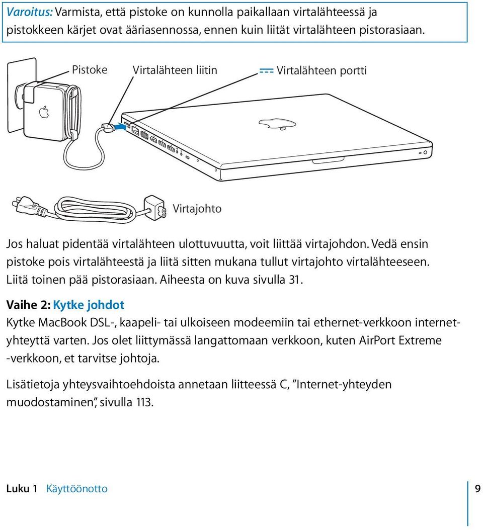 Vedä ensin pistoke pois virtalähteestä ja liitä sitten mukana tullut virtajohto virtalähteeseen. Liitä toinen pää pistorasiaan. Aiheesta on kuva sivulla 31.