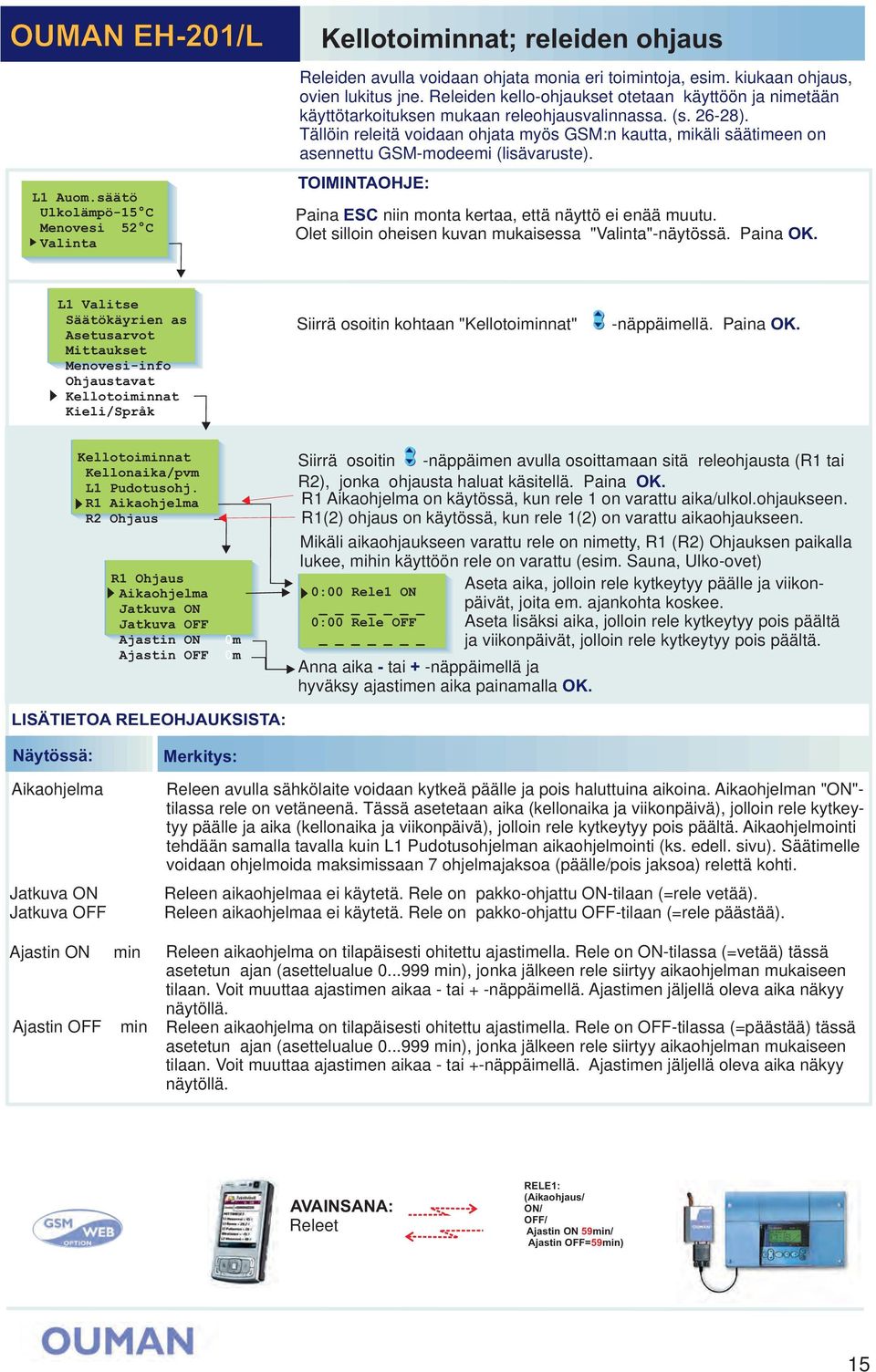 Tällöin releitä voidaan ohjata myös GSM:n kautta, mikäli säätimeen on asennettu GSM-modeemi (lisävaruste). TOIMINTAOHJE: Paina ESC niin monta kertaa, että näyttö ei enää muutu.