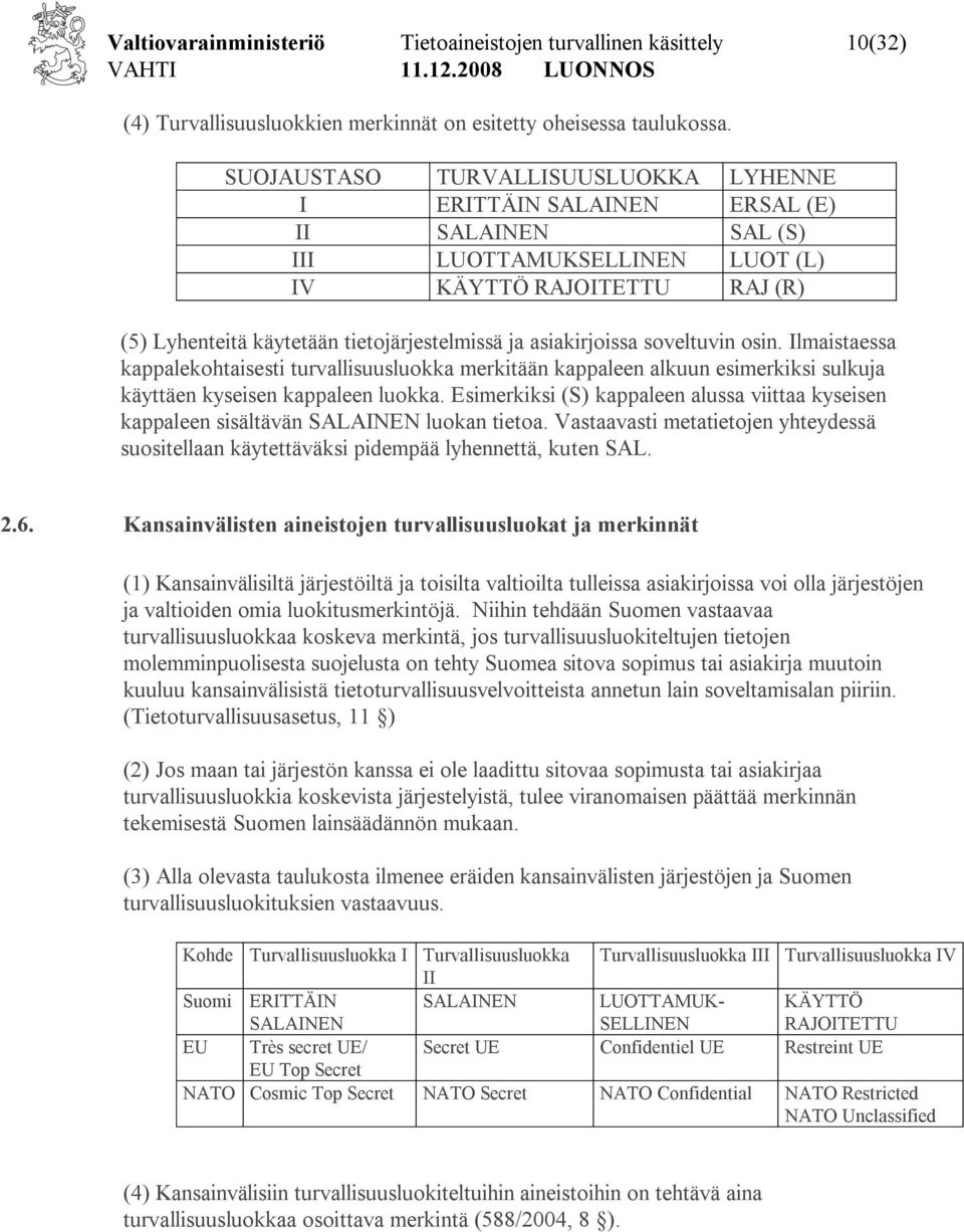 asiakirjoissa soveltuvin osin. Ilmaistaessa kappalekohtaisesti turvallisuusluokka merkitään kappaleen alkuun esimerkiksi sulkuja käyttäen kyseisen kappaleen luokka.