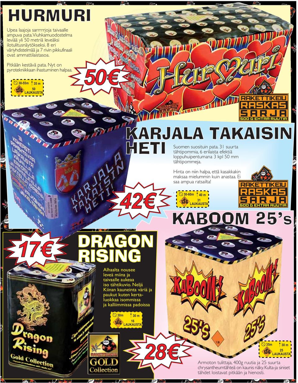 31 suurta tähtipommia, 6 erilaista efektiä loppuhuipentumana 3 kpl 50 mm tähtipommeja. Hinta on niin halpa, että kasakkakin maksaa mielummin kuin anastaa. Ei saa ampua ratsailta!