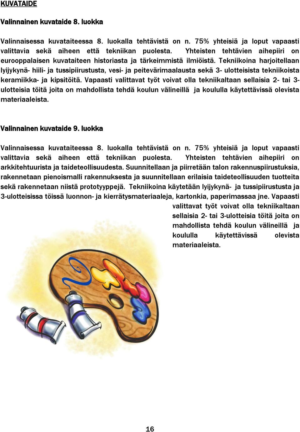 Tekniikoina harjoitellaan lyijykynä- hiili- ja tussipiirustusta, vesi- ja peitevärimaalausta sekä 3- ulotteisista tekniikoista keramiikka- ja kipsitöitä.