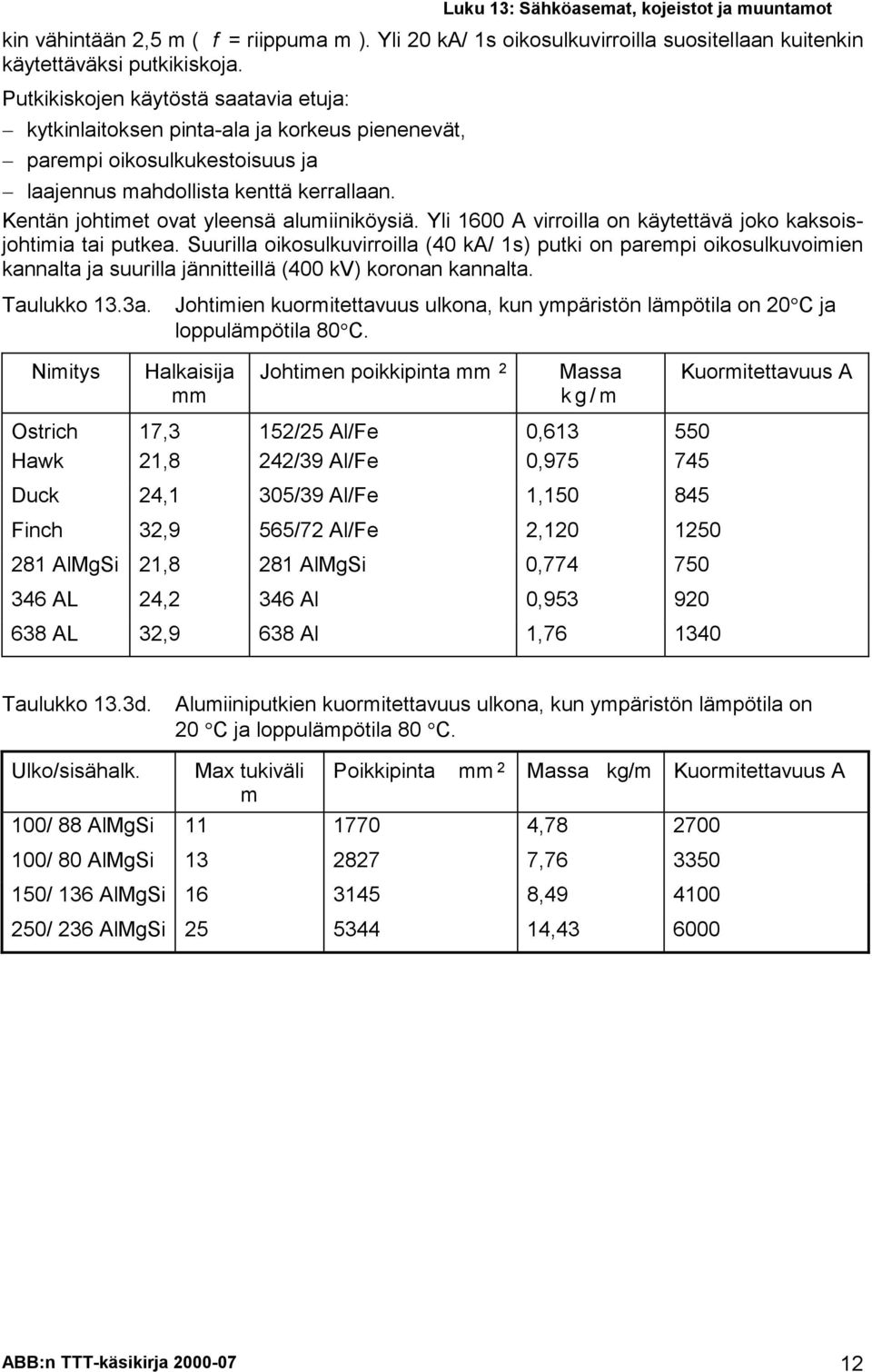 Kentän johtimet ovat yleensä alumiiniköysiä. Yli 1600 A virroilla on käytettävä joko kaksoisjohtimia tai putkea.