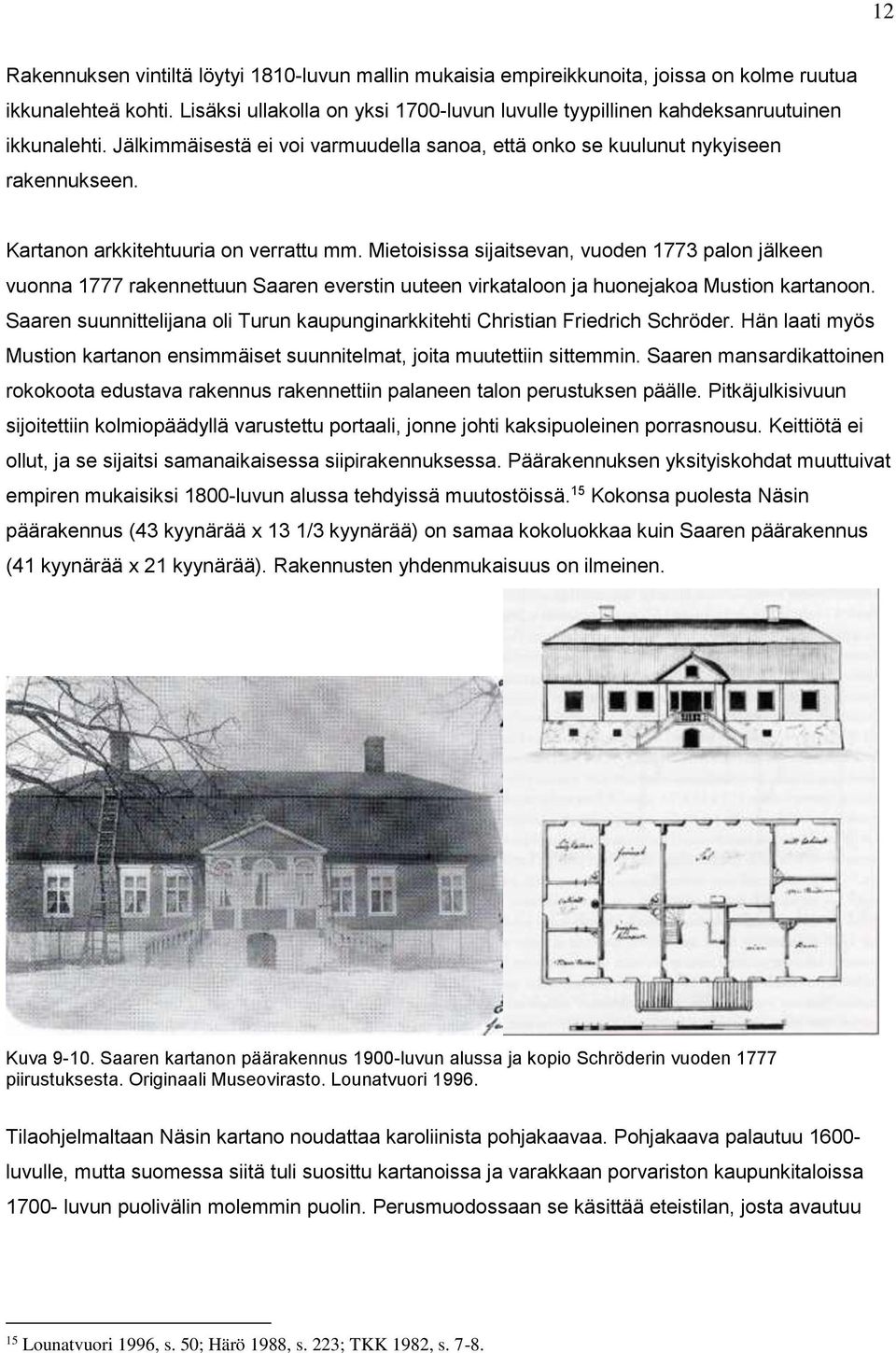 Kartanon arkkitehtuuria on verrattu mm. Mietoisissa sijaitsevan, vuoden 1773 palon jälkeen vuonna 1777 rakennettuun Saaren everstin uuteen virkataloon ja huonejakoa Mustion kartanoon.