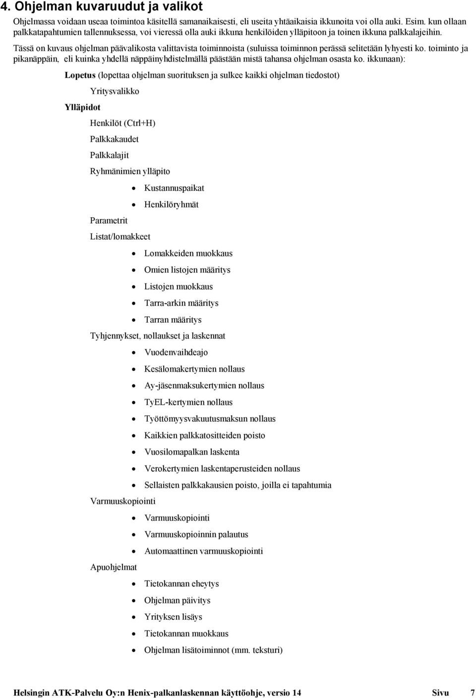 Tässä on kuvaus ohjelman päävalikosta valittavista toiminnoista (suluissa toiminnon perässä selitetään lyhyesti ko.