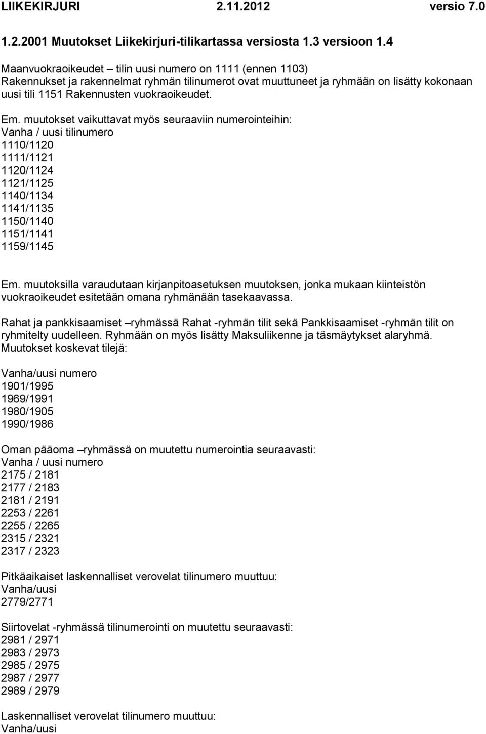 muutokset vaikuttavat myös seuraaviin numerointeihin: Vanha / uusi tilinumero 1110/1120 1111/1121 1120/1124 1121/1125 1140/1134 1141/1135 1150/1140 1151/1141 1159/1145 Em.