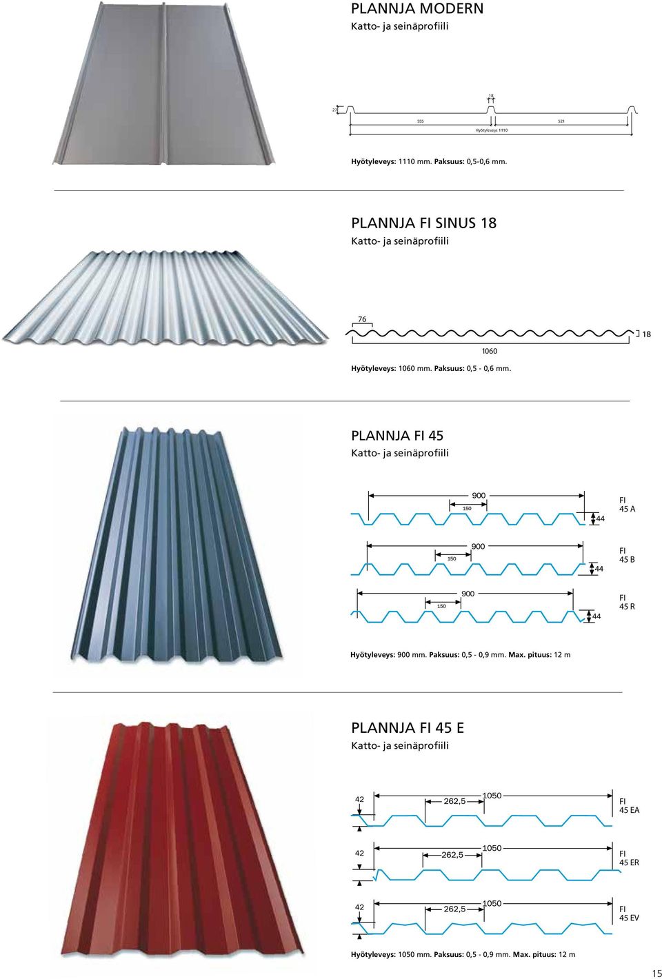 Sida 1 Sida 2 18 PLANNJA FI 45 Katto- ja seinäprofiili FI 45 A FI 45 B FI 45 R Hyötyleveys: 900 mm. Paksuus: 0,5-0,9 mm.