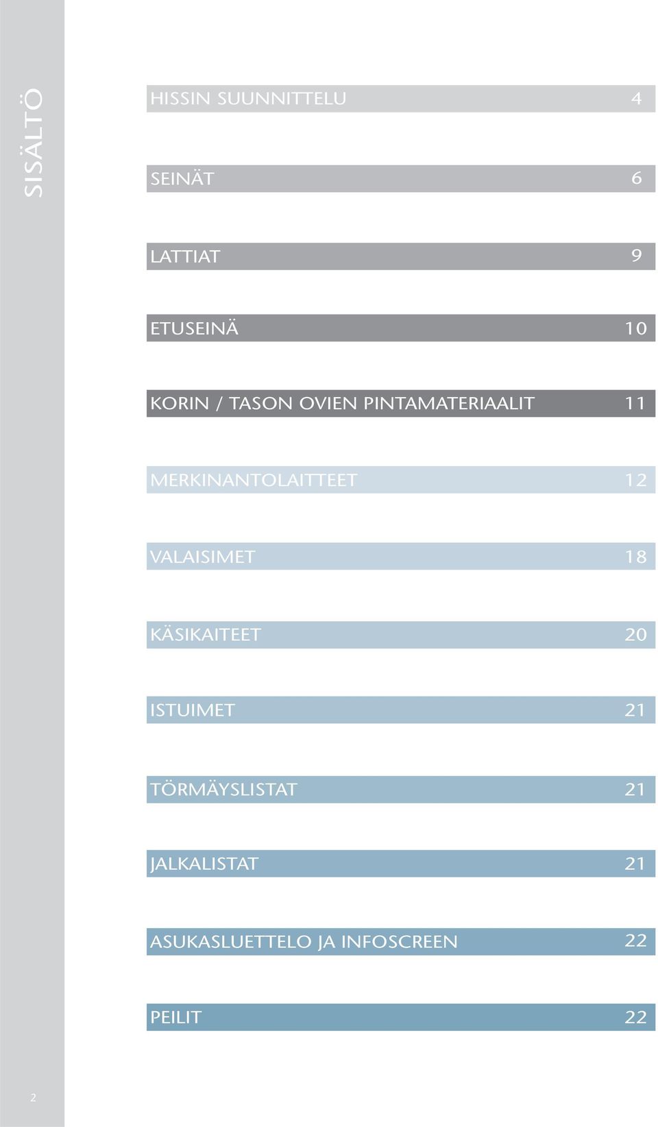 12 VALAISIMET 18 KÄSIKAITEET 20 ISTUIMET 21 TÖRMÄYSLISTAT