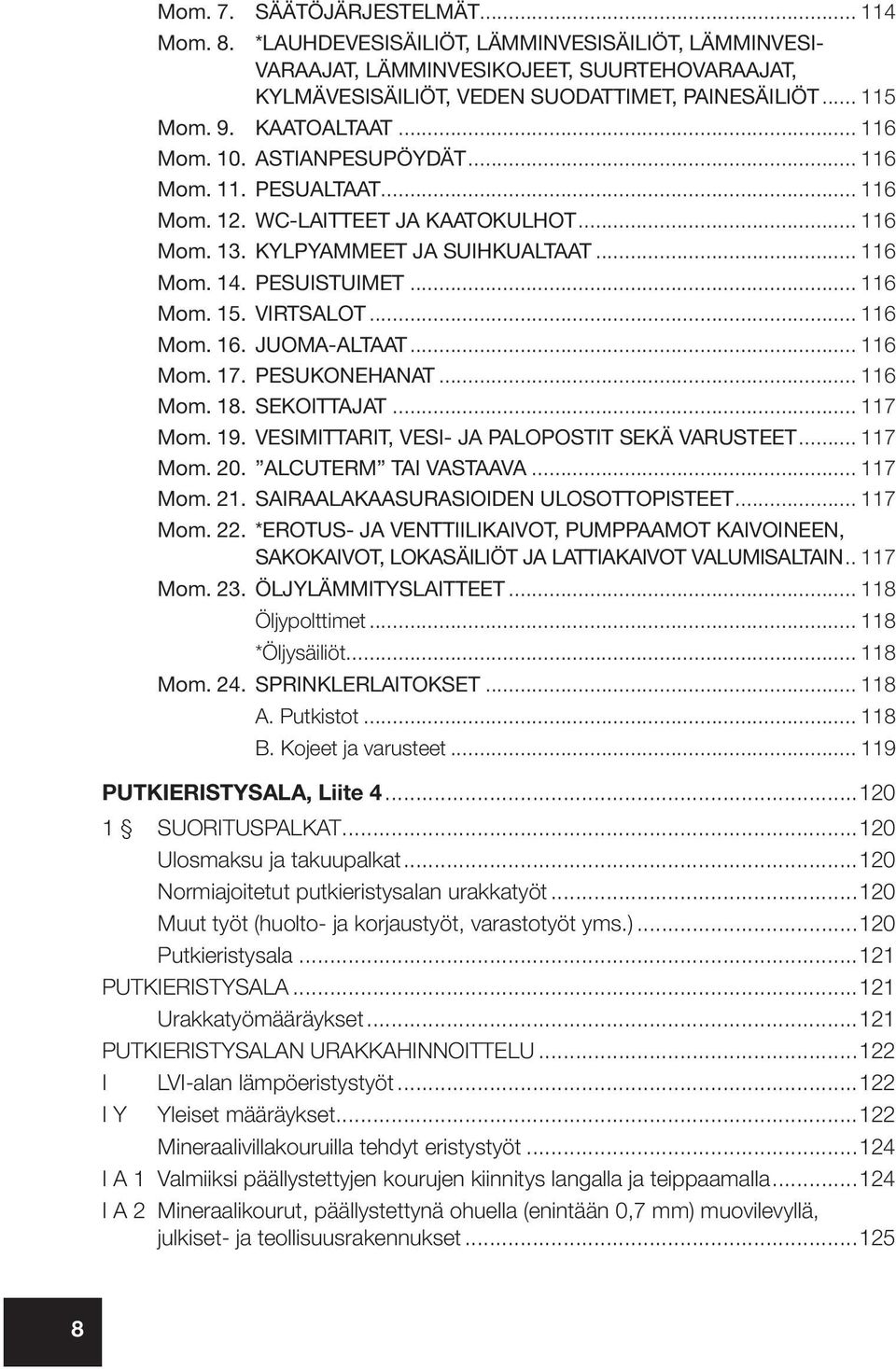 VIRTSALOT... 116 Mom. 16. JUOMA-ALTAAT... 116 Mom. 17. PESUKONEHANAT... 116 Mom. 18. SEKOITTAJAT... 117 Mom. 19. VESIMITTARIT, VESI- JA PALOPOSTIT SEKÄ VARUSTEET... 117 Mom. 20. ALCUTERM TAI VASTAAVA.